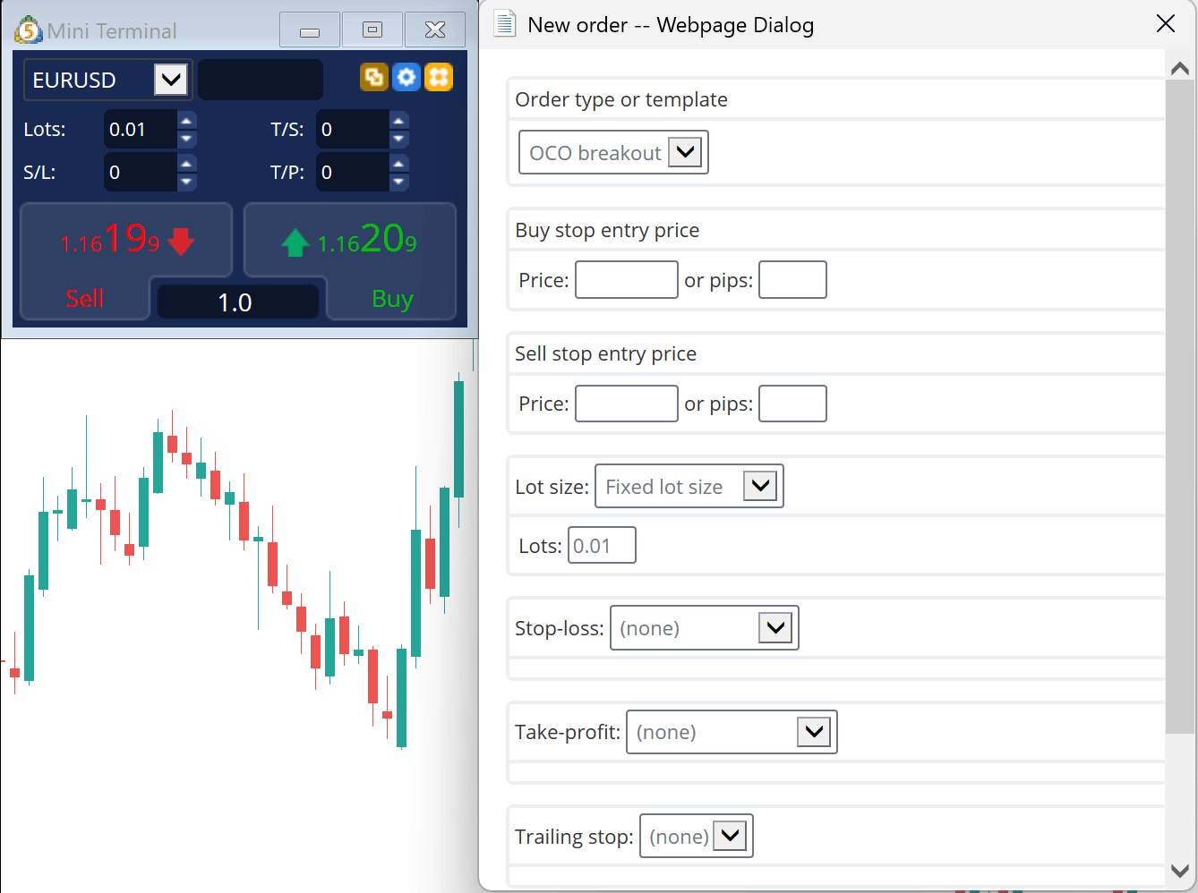 An OCO Order Window in MetaTrader Supreme Edition.
