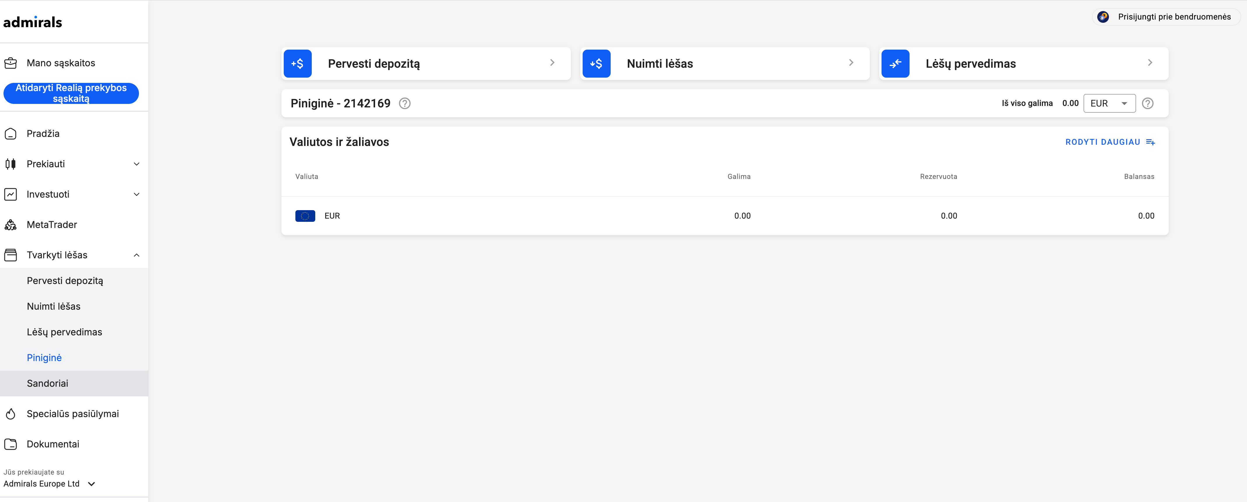 Prekiautojo piniginės ekranas Dashboard puslapyje.