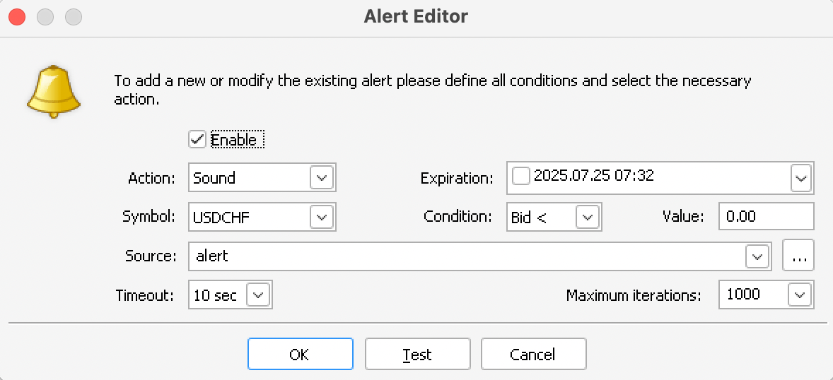 Dialogue box for setting a price alert in MT4.