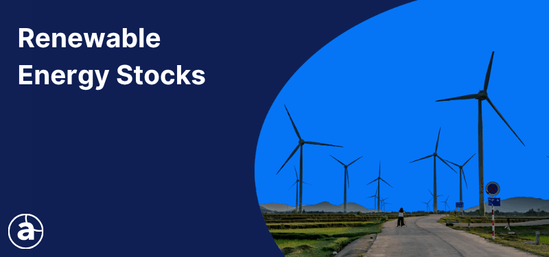 Wind turbines on a blue background, white text reads "Renewable Energy Stocks".