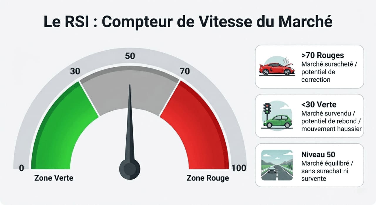 Infographie RSI compteur de vitesse du marché : zone rouge surachat au-dessus de 70, zone verte survente sous 30 et niveau 50 équilibré