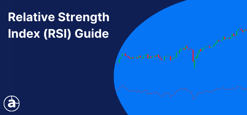 A Japanese candlestick chart with the RSI indicator added underneath, white text reads "Relative Strength Index (RSI) Guide".