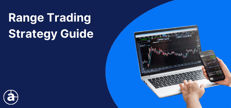 A laptop displaying a trading chart on a blue background, white text in the background reads: "Range Trading Strategy Guide".