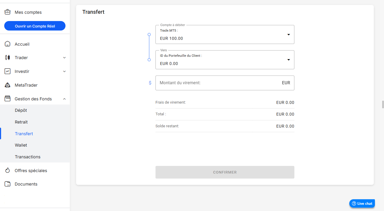 Formulaire de transfert sur l'espace client Admirals permettant de déplacer des fonds depuis un compte de Trading vers le wallet du client