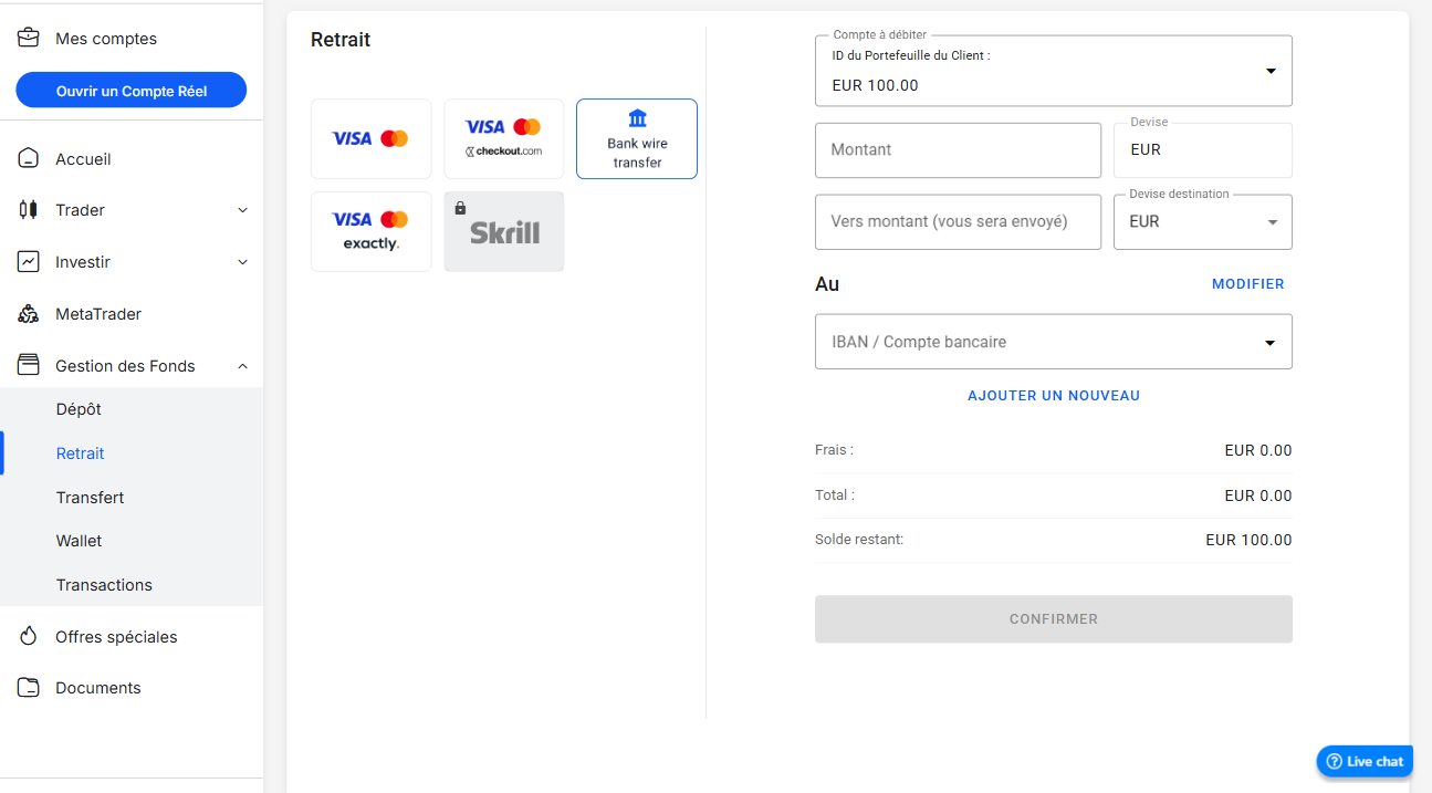 Interface de retrait Admirals avec les options Visa, Skrill et Bank transfer, et les champs de saisie pour le montant en euros et l'IBAN.