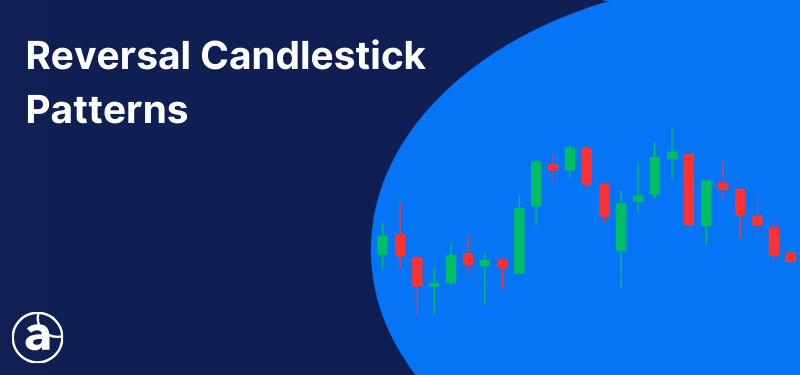Japanese candlestick chart on a blue background, white text reads "Reversal Candlestick Patterns".
