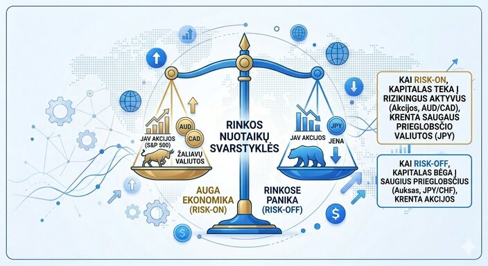Stilizuotos rinkos nuotaikų svarstyklės, parodančios kaip kinta rinka, kai sąlygos yra risk on arba risk off.