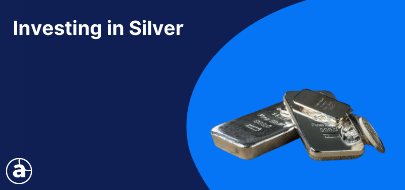 Silver bullion on a blue background, white text reads "Investing in Silver".