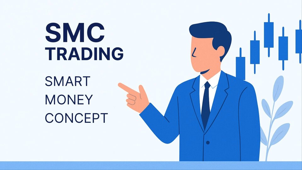 Homme en bleu montrant le titre "SMC Trading Smart Money Concept" avec une courbe en bougies japonaises