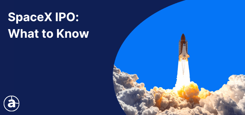 A space rocket launching, with white text in the background reading "SpaceX IPO: What to Know".