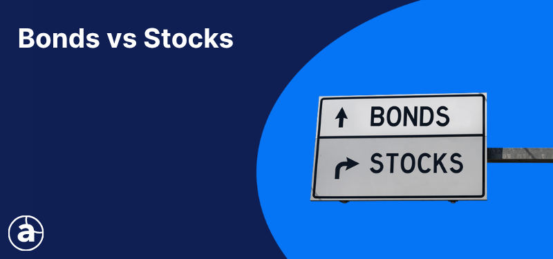Road signs labelled "bonds" and "stocks", white text in the background reads "Bonds vs Stocks".