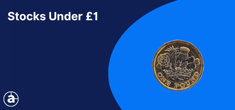 A British one pound coin on a blue background, white text reads "stocks under £1".