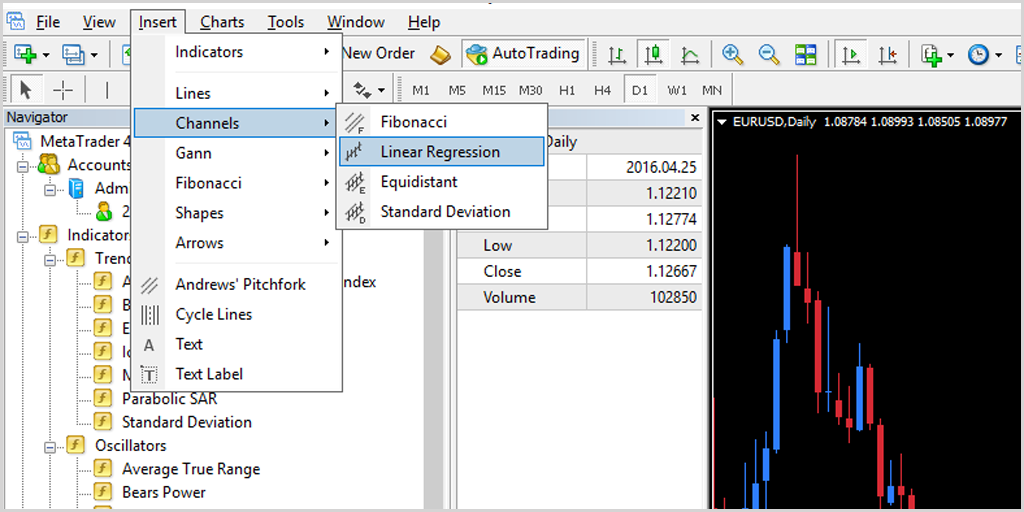how to select linear regression indicator on mt4
