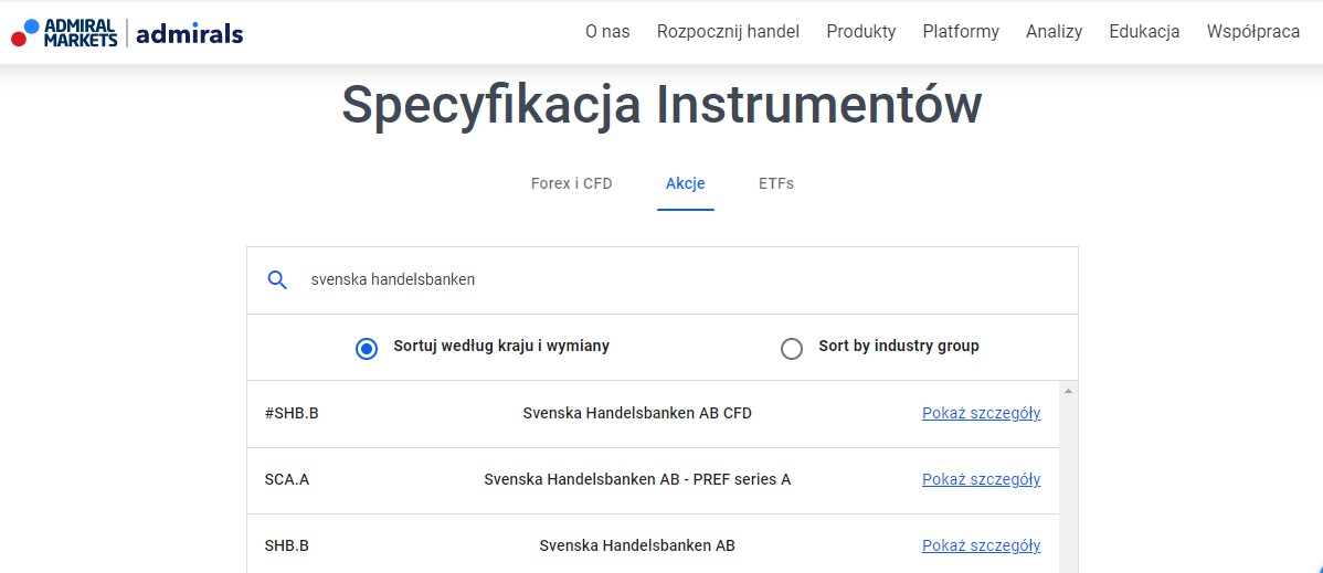 Specyfikacja instrumentów Admirals