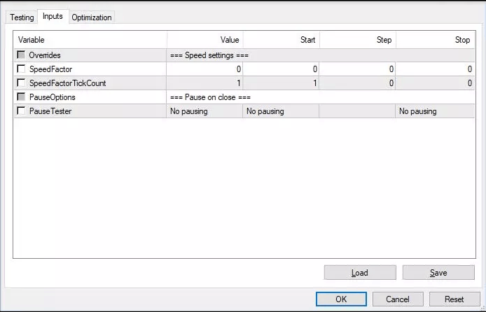 Admirals MetaTrader 4 Speed Factor inputs