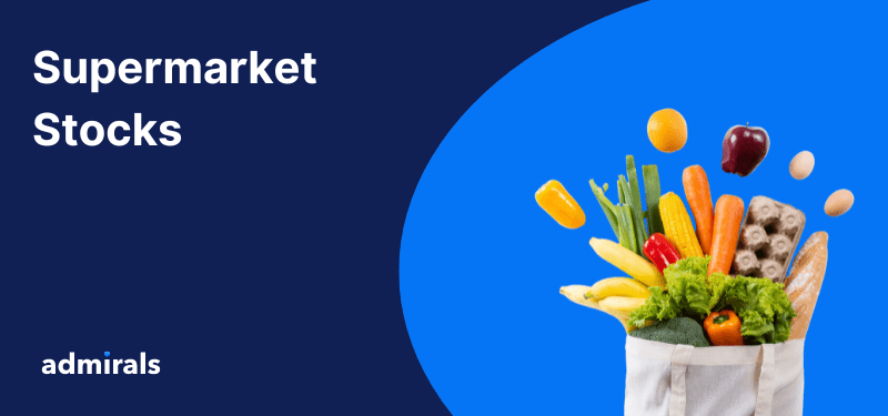 A shopping bag overflowing with food on a blue background, with white text reading "Supermarket Stocks".