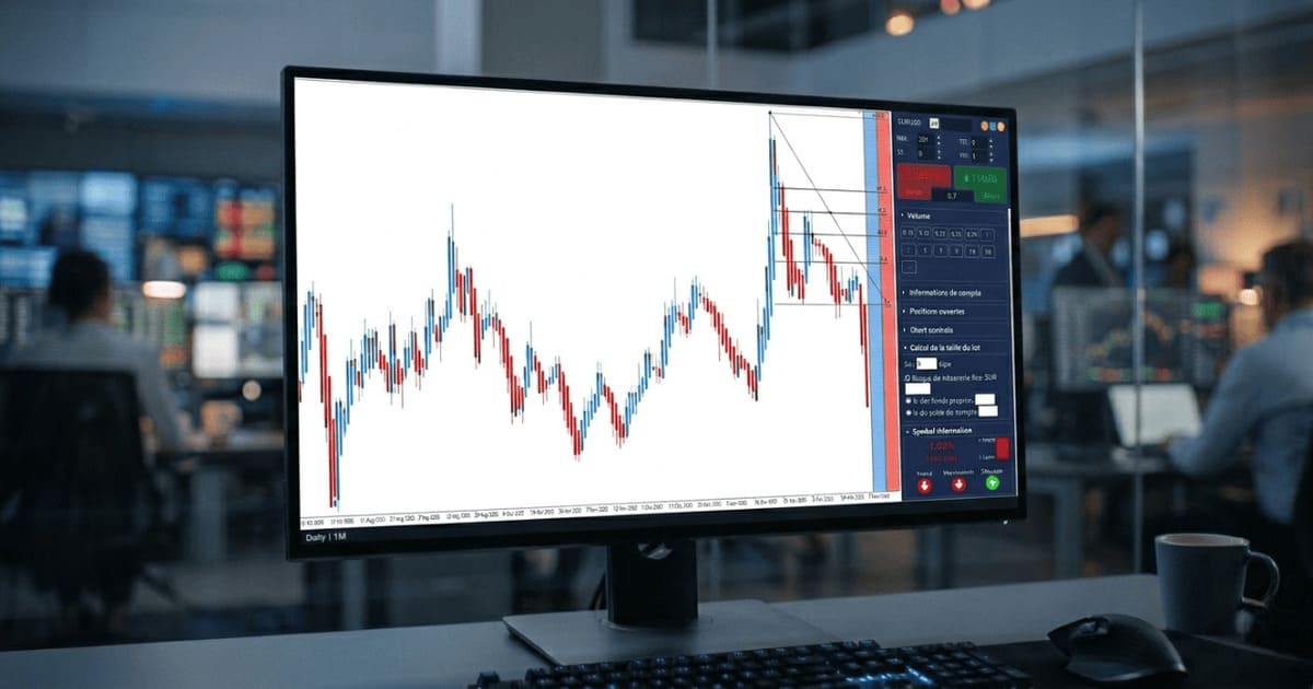 Graphique de Swing Trading sur MetaTrader 5 montrant l'utilisation du Mini Terminal et des retracements de Fibonacci pour l'analyse technique.
