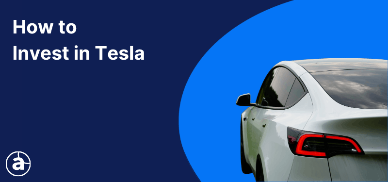 A white car on a blue background, white text reads "How to Invest in Tesla".
