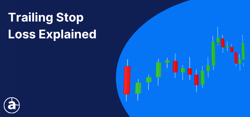 Japanese candlestick chart on a blue background. White text in the background reads "Trailing Stop Loss Explained".