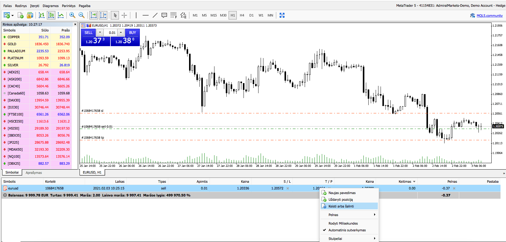 „Admirals MetaTrader 5“ ekrano kopija, kurioje parodoma, kaip galima keisti Take Profit įsakymą platformos lange.