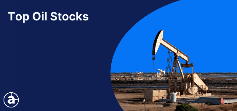 Oil drill on a blue background; white text in the background reads "Top Oil Stocks".