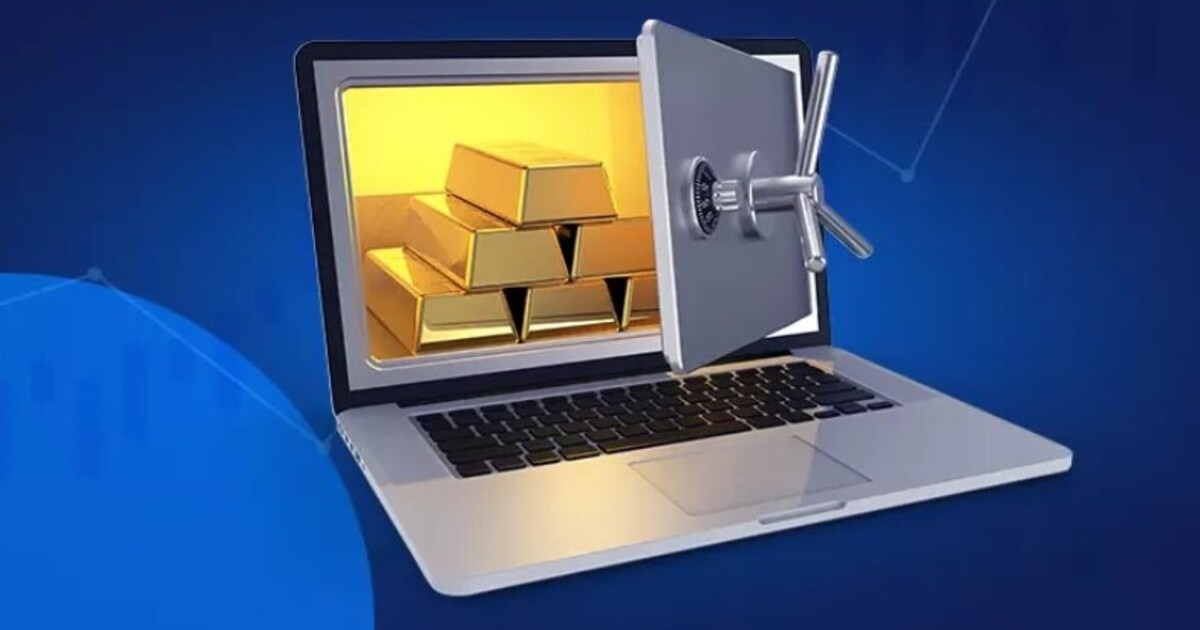 Trading or en ligne : illustration d'un ordinateur portable coffre-fort contenant des lingots d'or.