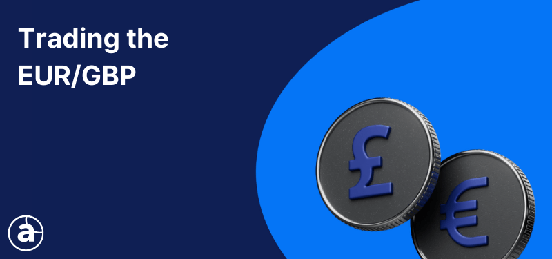 Two coins on a blue background, one has the symbol of the British pound and the other the symbol of the euro. White text in the background reads "Trading the GBP/USD".