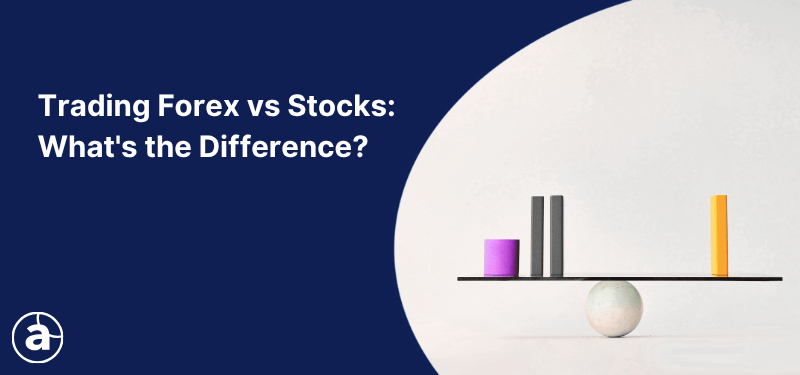 Illustration of a balanced scale on a white background, with the text 'Trading Forex vs Stocks: What's the Difference?' on a blue background beside it.