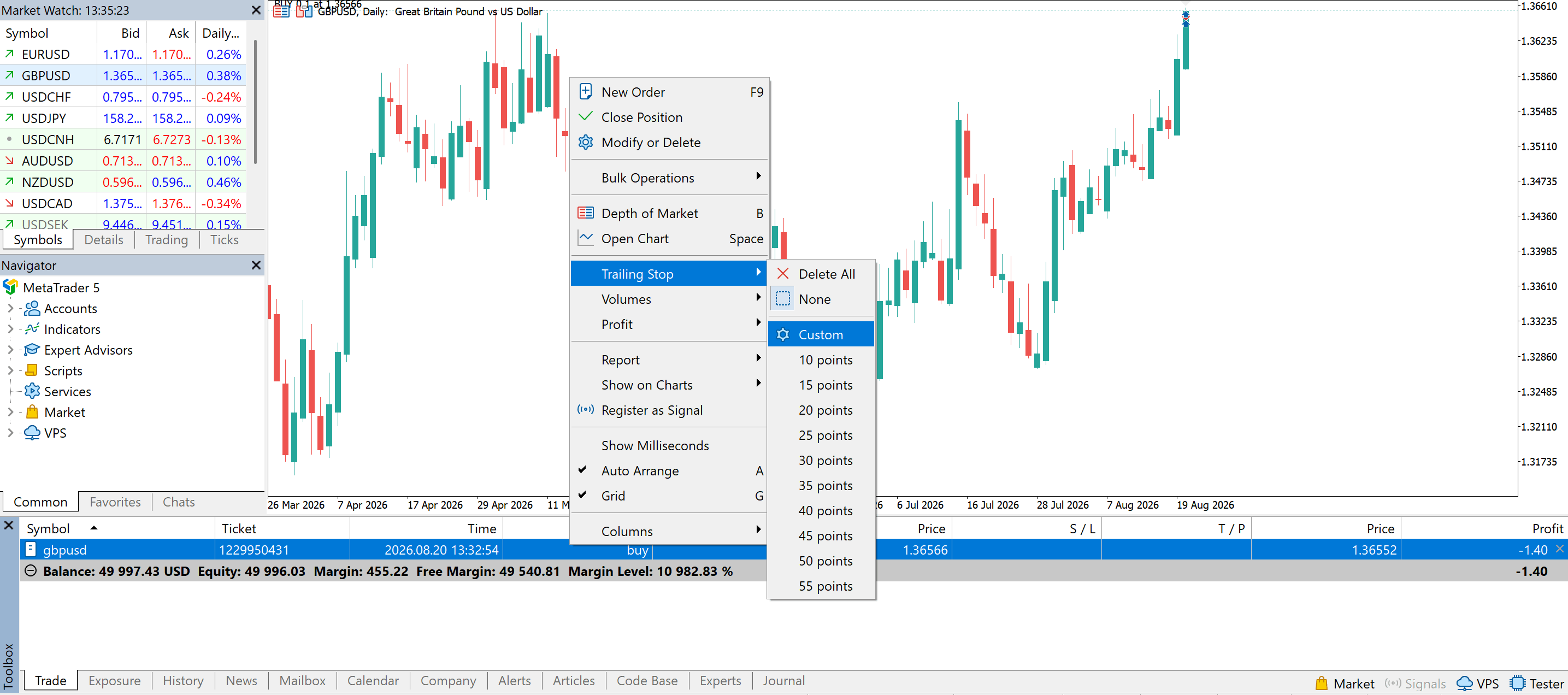 Setting a trailing stop loss in MetaTrader 5.