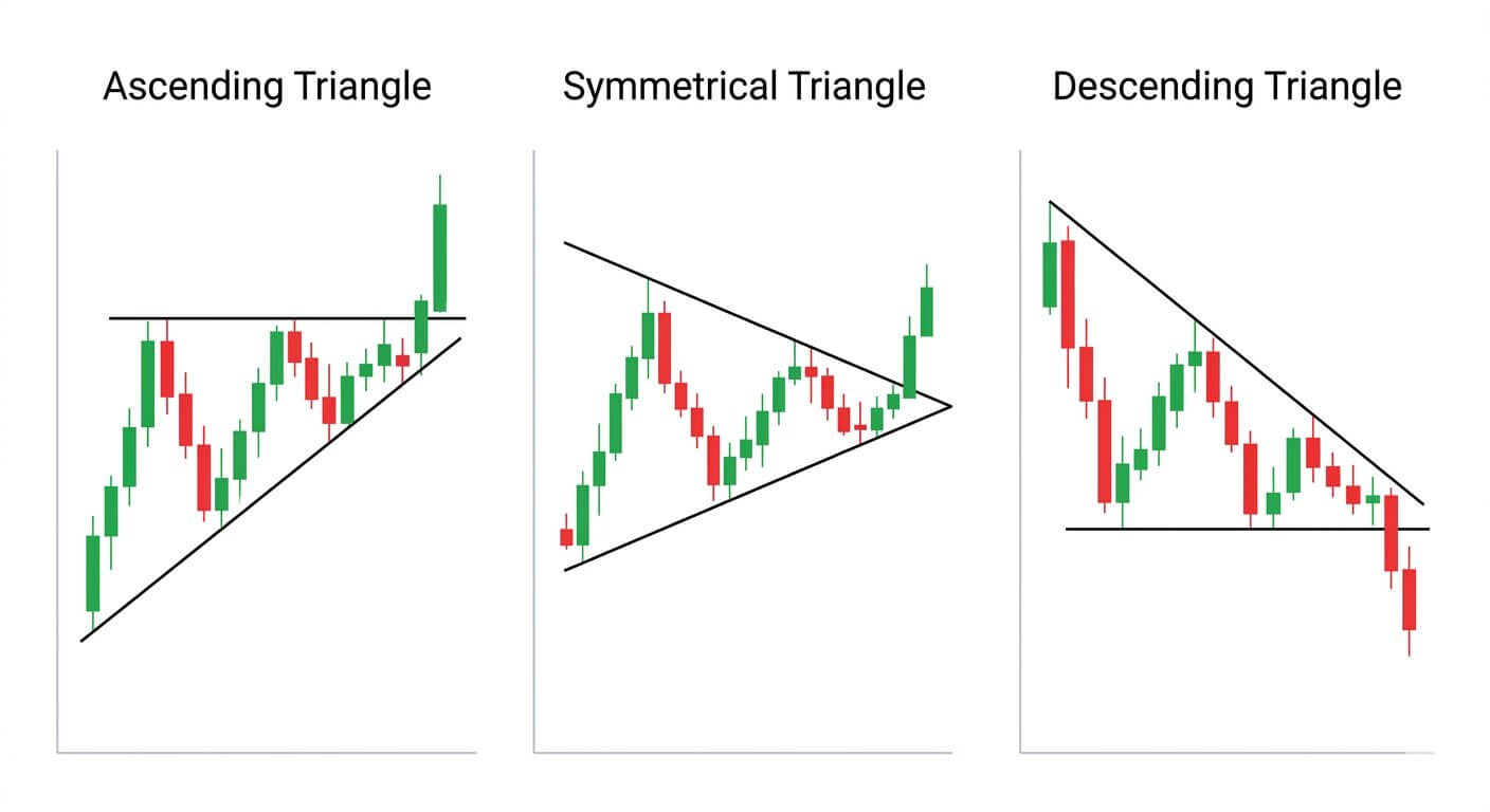 Forex triangle chart patterns illustration showing ascending, symmetrical, and descending triangle breakout examples.