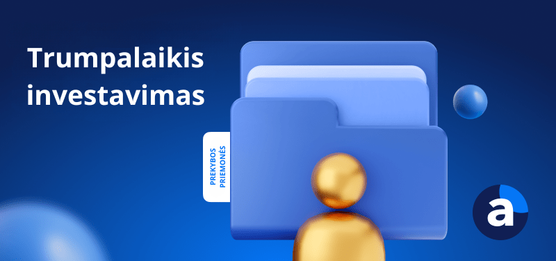 Mėlyname fone stilizuoti „Prekybos priemonių“ failai. o kairėje pusėje užrašas „Trumpalaikis investavimas“