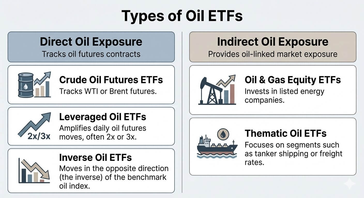 Infographic showing types of oil ETFs including crude oil futures ETFs, leveraged and inverse oil ETFs, oil and gas equity ETFs, and thematic oil ETFs with direct and indirect exposure explained.