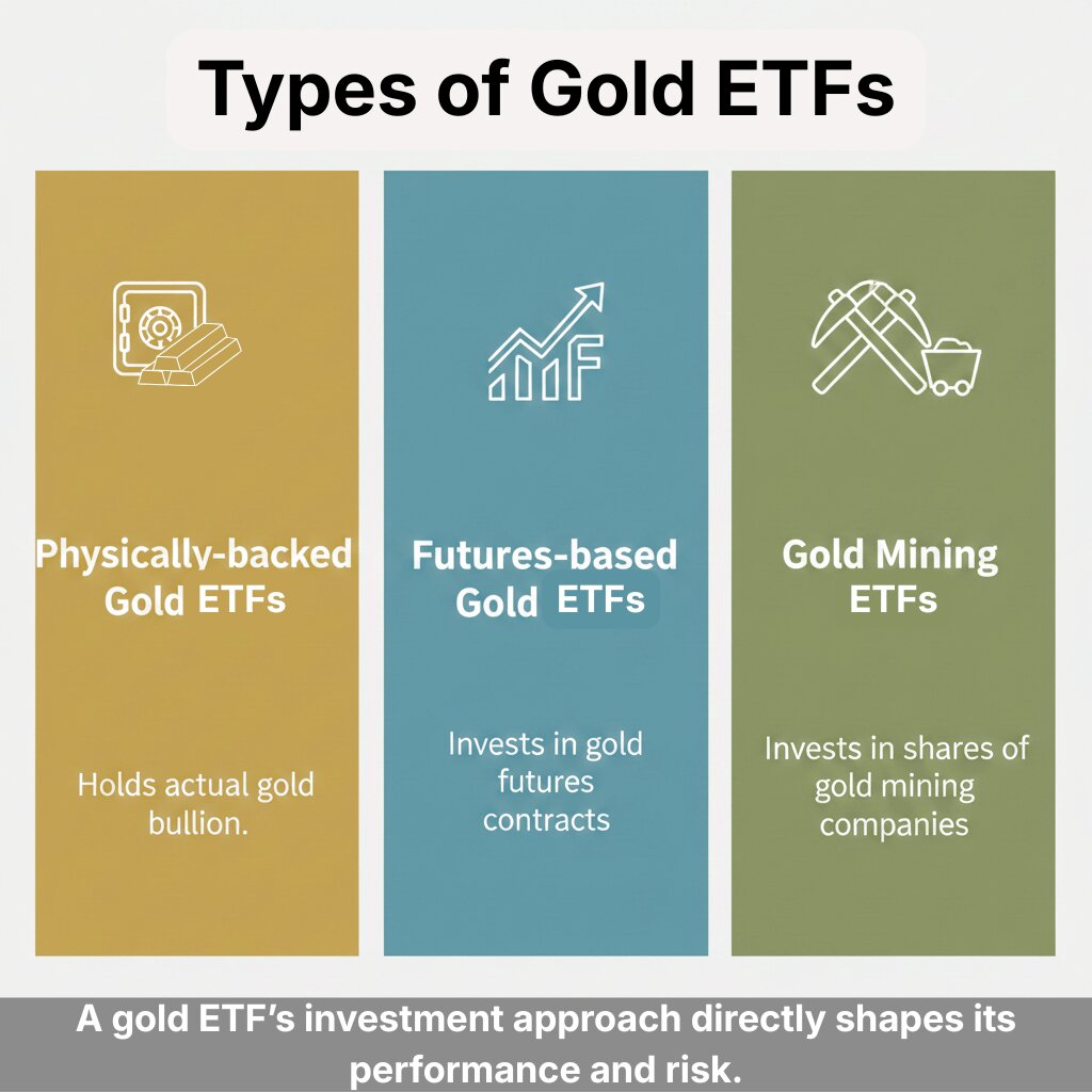 Infographic showing types of Gold ETFs including physically backed gold ETFs, futures-based gold ETFs, and gold mining ETFs.