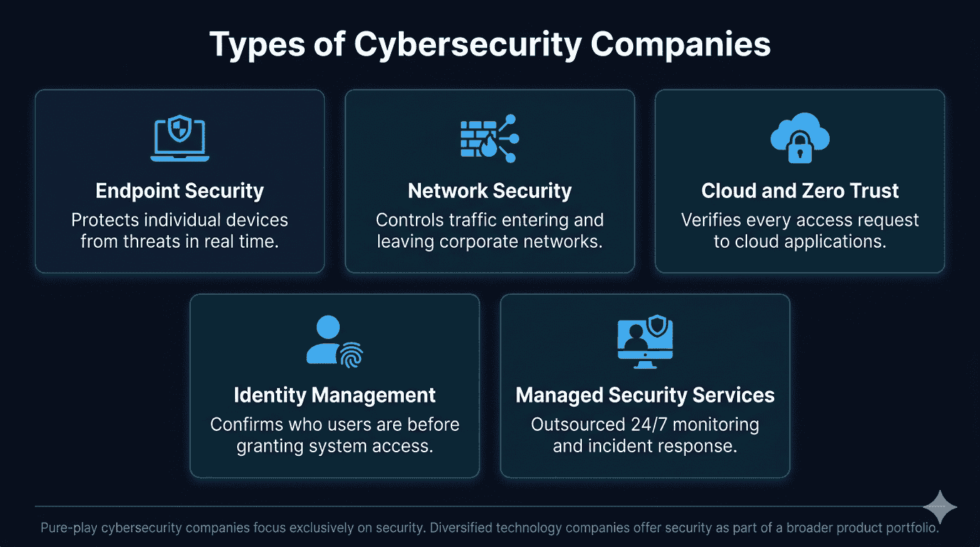 Infographic showing types of cybersecurity companies, including endpoint security, network security, cloud and zero trust, identity management, and managed security services.