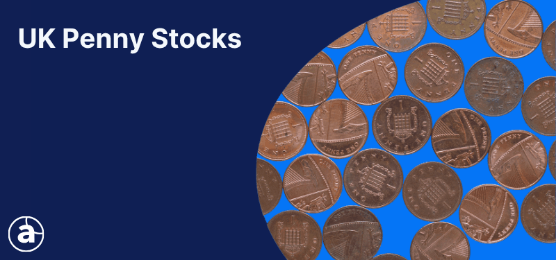Pile of UK pennies on a blue background, white text in the background reads "UK Penny Stocks".