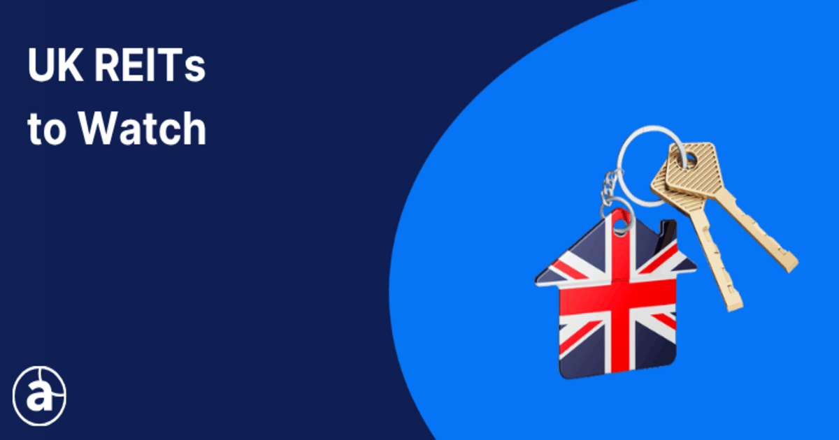 Keys with a UK Union Jack keychain, white text in the background reads "UK REITs to Watch".