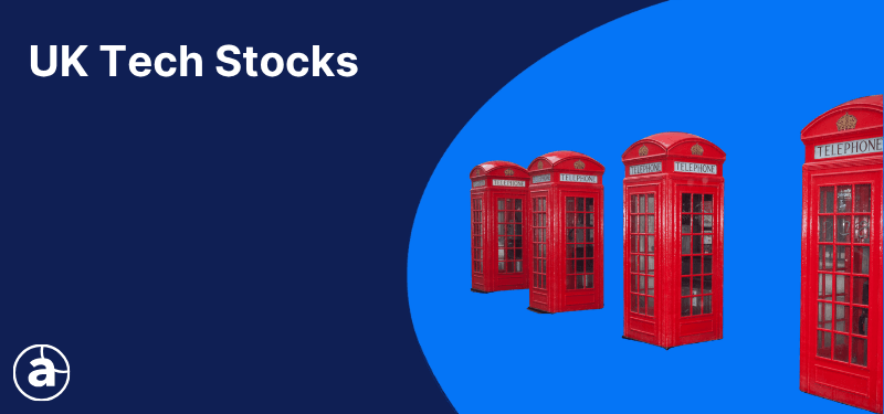 Red London phone booths on a blue background, white text reads "UK Tech Stocks".