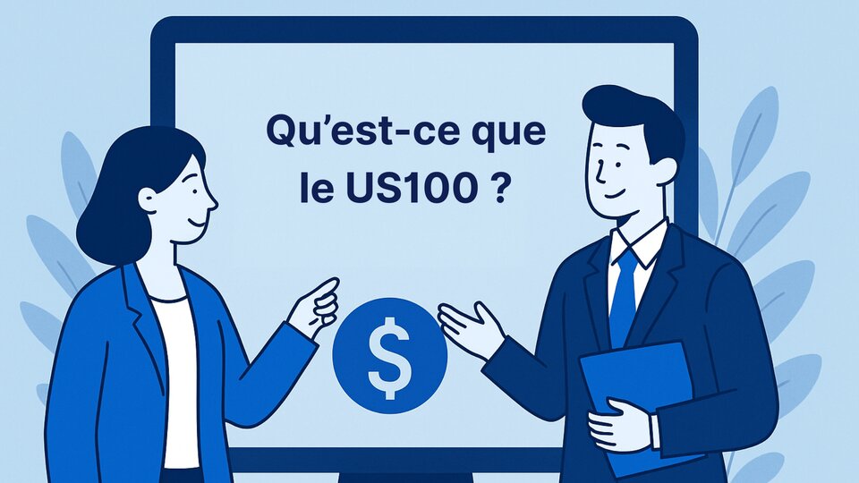Deux personnes en costume discutent devant un écran affichant la question "Qu’est-ce que le US100 ?
