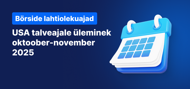 Kalender sinisel taustal, valge tekst ütleb "USA suveaeg oktoober-november 2025".