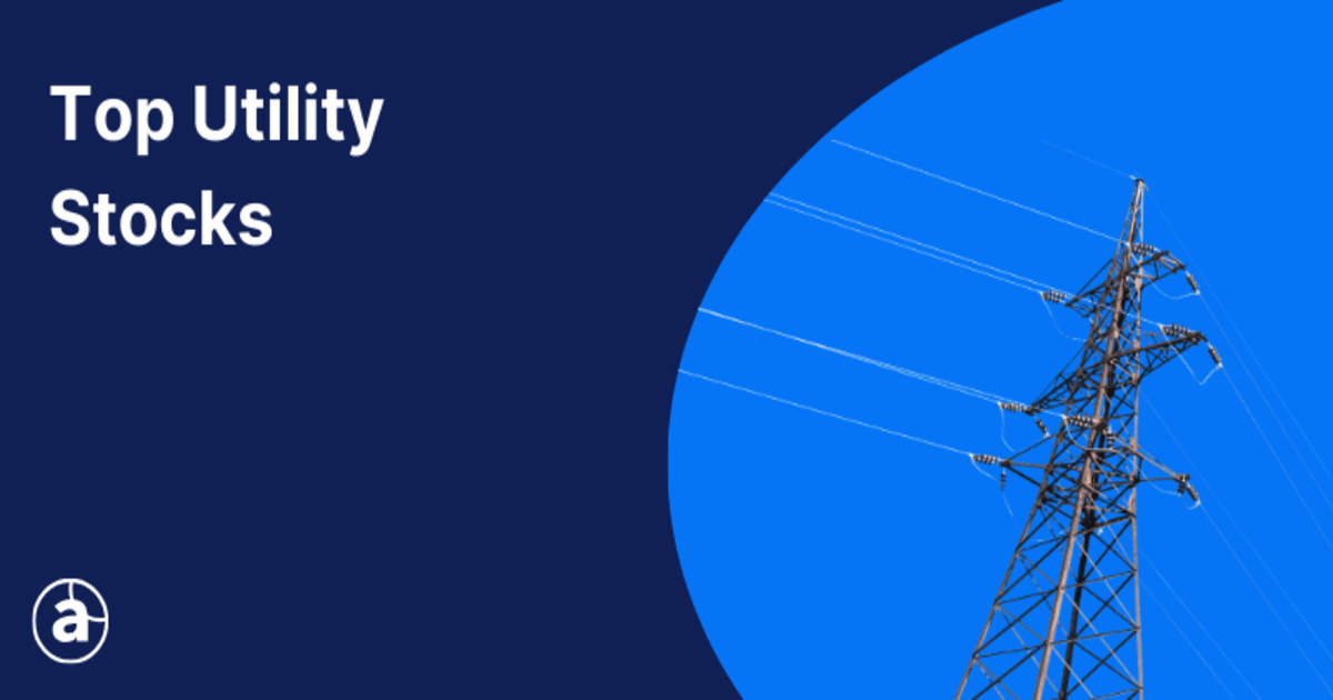 An electricity pylon on a blue background, with white text reading "Top Utility Stocks".