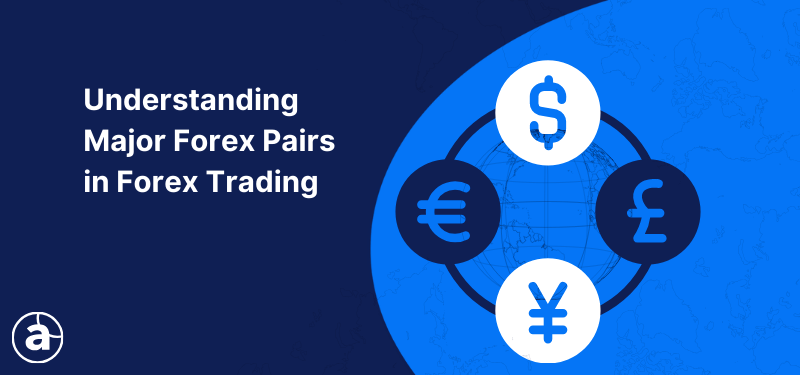 A globe surrounded by four major currencies - Euro, British Pound, US Dollar and Japanese Yen, alongside text, "Understanding Major Forex Pairs in Forex Trading."