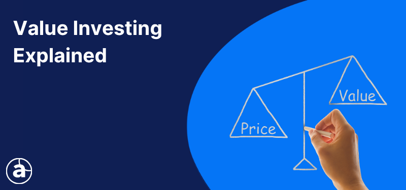 Scales drawn in white, with the word 'price' shown outweighing 'value'. White text in the background reads "Value investing explained".