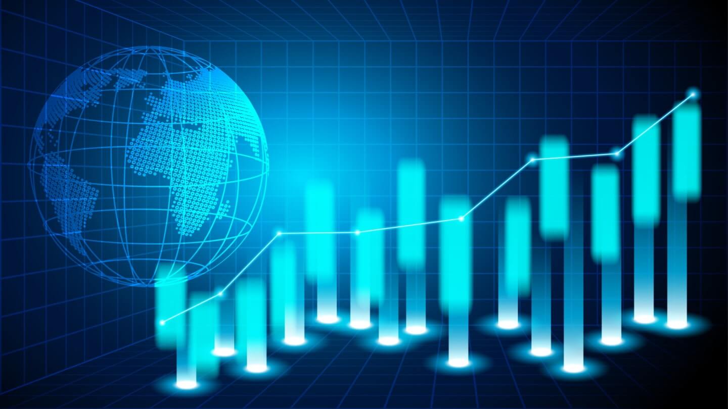 vector van wereldbol over gridlijnen met staafgrafiek en volumebalken verwijzend naar volume trading en de OBV-indicator.