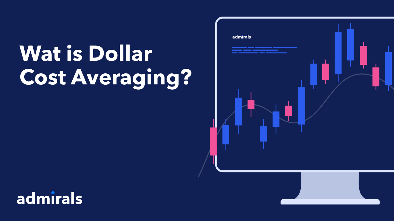 Computerscherm met rode en blauwe staafgrafieken op een donkerblauwe achtergrond met titel tekst 'Wat is Dollar Cost Averaging?'.