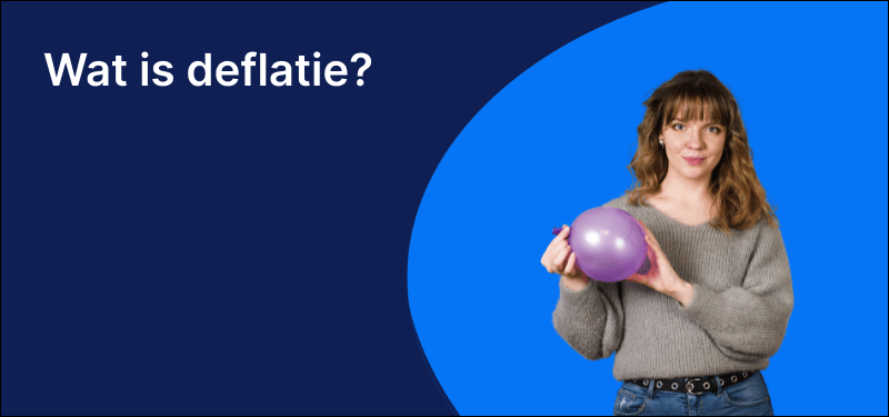 Voorgrond een jonge dame met een opgeblazen paarse ballon verwijzend naar het concept van deflatie, achtergrond donkerblauwe en lichtblauwe halve cirkel.