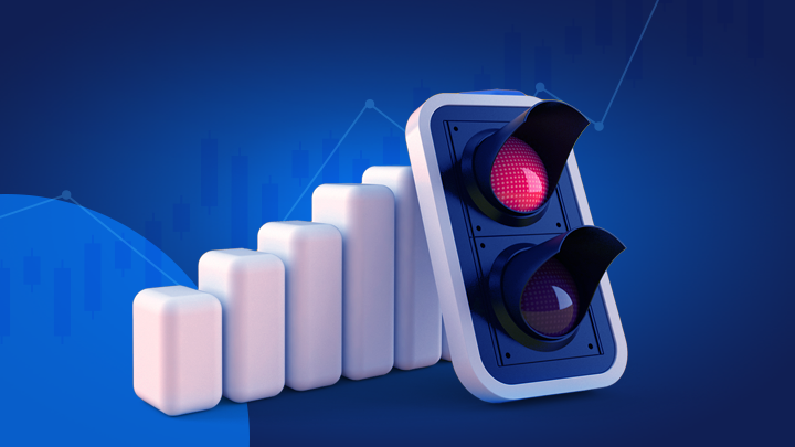 Stoplicht met rood licht voor witte staafgrafieken op een donkerblauwe achtergrond verwijzend naar het gebruik van een stop-loss bij trading