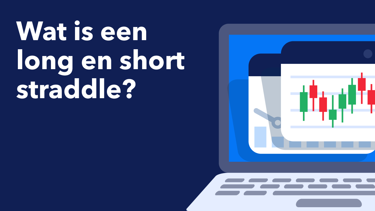 Een laptop met een afbeelding van candlesticks op een donkerblauwe achtergrond, verwijzend naar het plaatsen van een long of short straddle op opties.