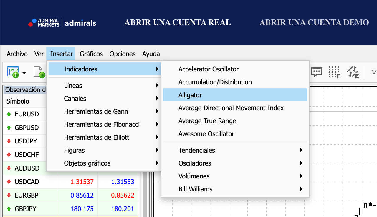 WebTrader Menú Indicadores