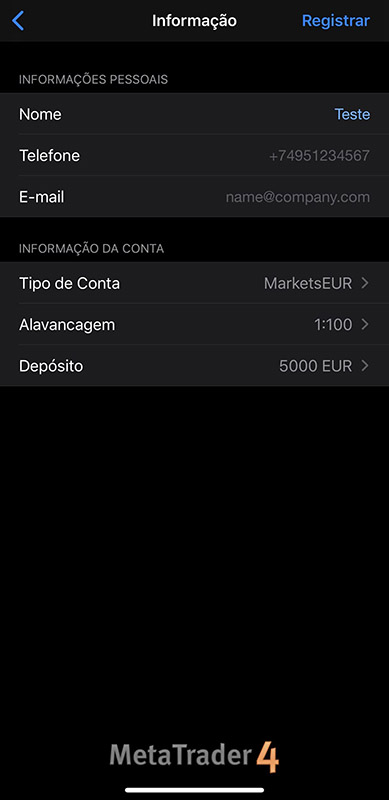 Zona de Registo de Conta de Trading na App de Forex MetaTrader 4