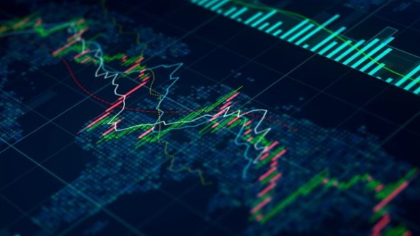 Prijsgrafiek met met candlesticks en indicatoren over een wereldkaart, verwijzend naar de zwevende wisselkoers en vaste wisselkoers in Forex.